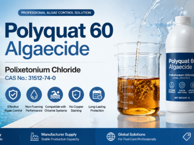 Polyquat 60 Algaecide based on Polixetonium Chloride CAS No. 31512-74-0, featuring amber transparent polymer solution, pool chemical packaging, and professional algae control solution for swimming pool maintenance and OEM private label applications.