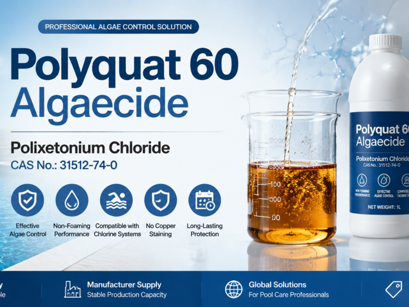 Polyquat 60 Algaecide based on Polixetonium Chloride CAS No. 31512-74-0, featuring amber transparent polymer solution, pool chemical packaging, and professional algae control solution for swimming pool maintenance and OEM private label applications.