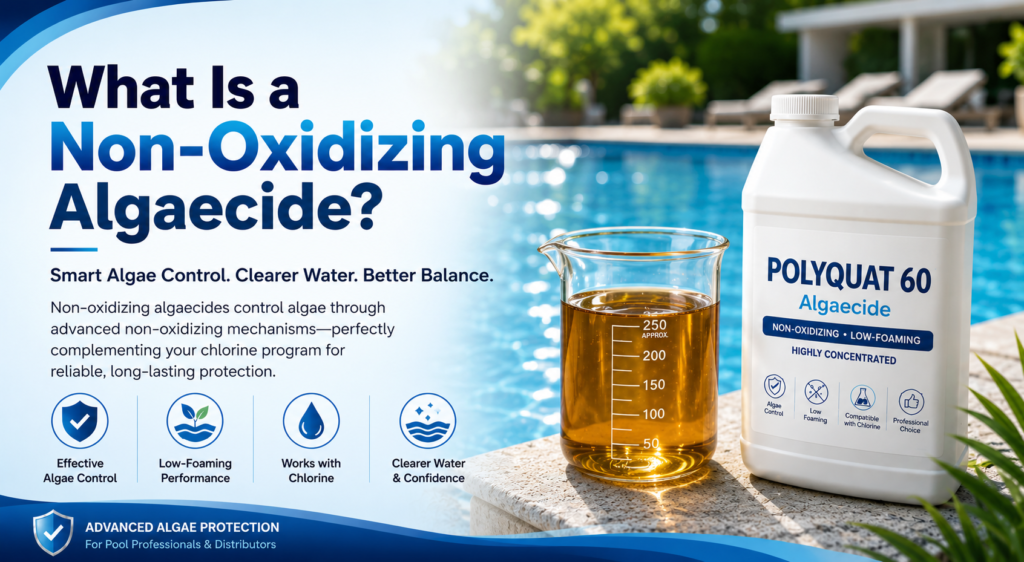 Non-oxidizing Polyquat 60 algaecide with amber transparent viscous liquid for low-foaming algae control in swimming pools