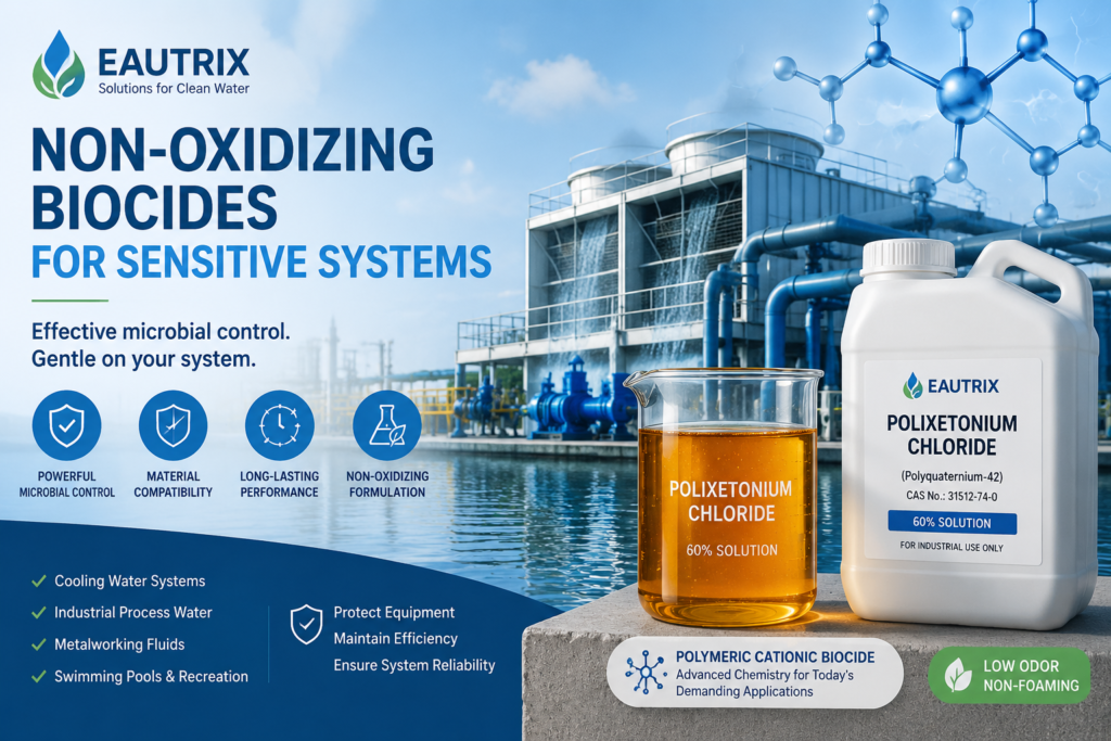 Non-oxidizing biocide for sensitive water systems featuring Polixetonium Chloride (Polyquaternium-42) 60% solution, an amber cationic polymer biocide used for cooling water treatment, industrial process water, metalworking fluids, and microbial control applications