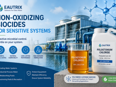 Non-oxidizing biocide for sensitive water systems featuring Polixetonium Chloride (Polyquaternium-42) 60% solution, an amber cationic polymer biocide used for cooling water treatment, industrial process water, metalworking fluids, and microbial control applications