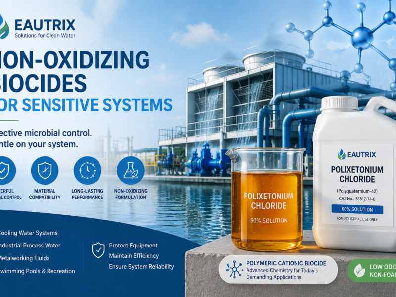 Non-oxidizing biocide for sensitive water systems featuring Polixetonium Chloride (Polyquaternium-42) 60% solution, an amber cationic polymer biocide used for cooling water treatment, industrial process water, metalworking fluids, and microbial control applications
