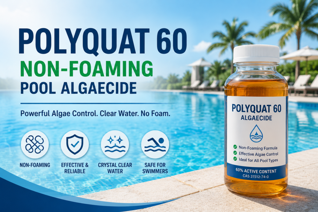 Polyquat 60 algaecide 60% active solution in amber transparent liquid bottle for professional swimming pool algae control and non-foaming water treatment applications