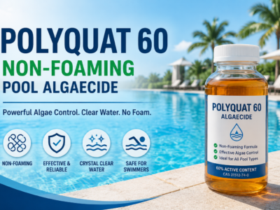 Polyquat 60 algaecide 60% active solution in amber transparent liquid bottle for professional swimming pool algae control and non-foaming water treatment applications