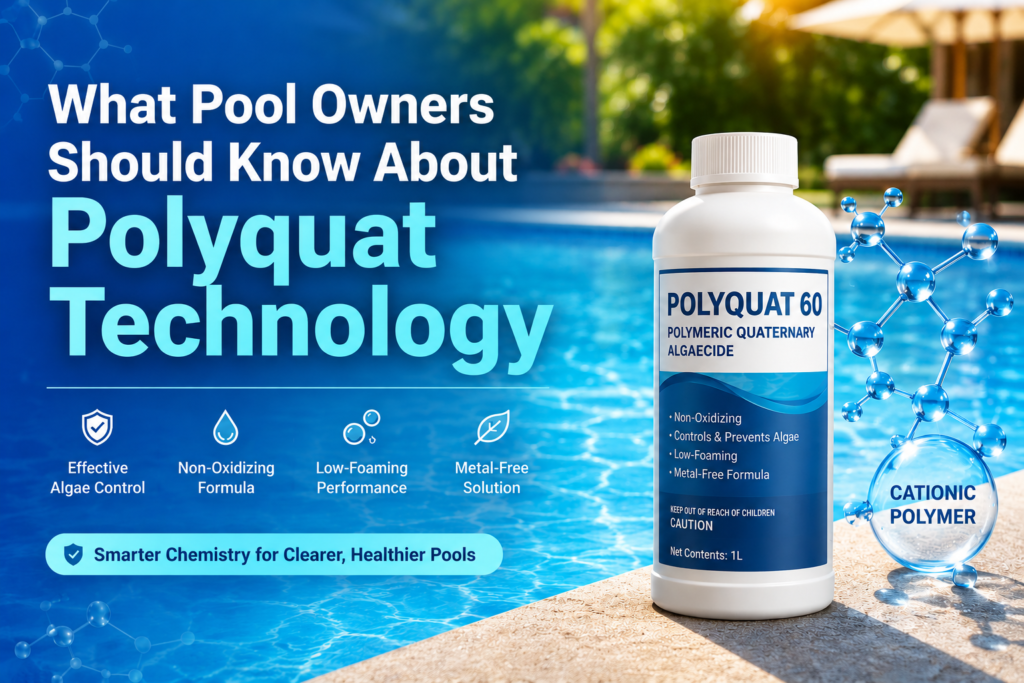What pool owners should know about Polyquat technology, featuring a Polyquat 60 polymeric quaternary algaecide beside a clear blue swimming pool, highlighting non-oxidizing, low-foaming, metal-free algae control.