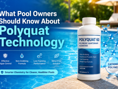 What pool owners should know about Polyquat technology, featuring a Polyquat 60 polymeric quaternary algaecide beside a clear blue swimming pool, highlighting non-oxidizing, low-foaming, metal-free algae control.