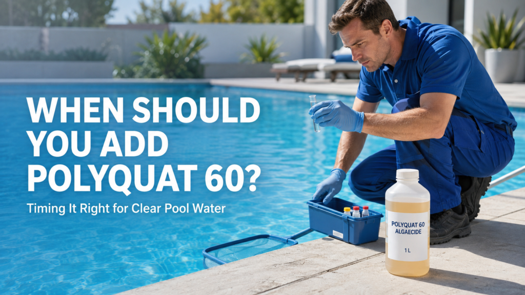 Pool technician testing clear blue swimming pool water beside a 1 L bottle of Polyquat 60 Algaecide, illustrating the correct timing for adding algaecide during pool maintenance.