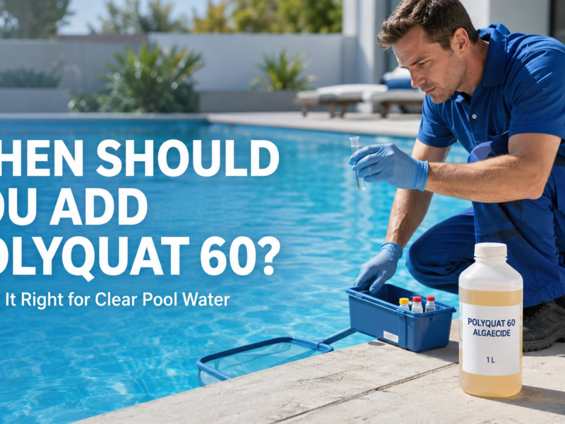 Pool technician testing clear blue swimming pool water beside a 1 L bottle of Polyquat 60 Algaecide, illustrating the correct timing for adding algaecide during pool maintenance.