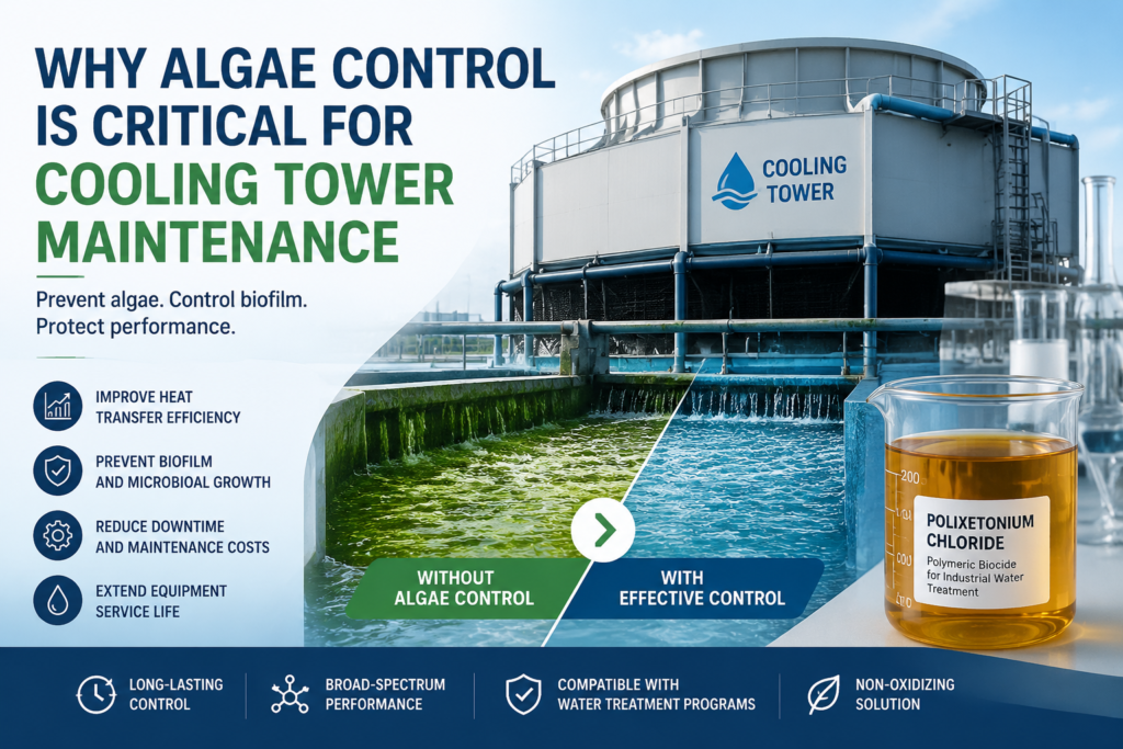 Industrial cooling tower algae control illustration showing a comparison between algae-contaminated water and effectively treated clear water, with Polixetonium Chloride polymeric biocide solution for cooling tower maintenance, preventing biofilm growth and improving heat transfer efficiency