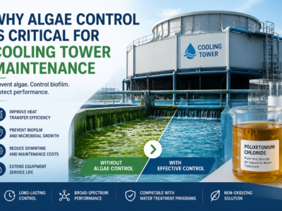Industrial cooling tower algae control illustration showing a comparison between algae-contaminated water and effectively treated clear water, with Polixetonium Chloride polymeric biocide solution for cooling tower maintenance, preventing biofilm growth and improving heat transfer efficiency