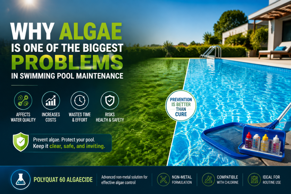Swimming pool algae problem comparison showing green algae-contaminated water versus a clean blue swimming pool, highlighting the importance of algae prevention and maintenance. The image features pool testing tools and Polyquat 60 Algaecide as a non-metal algae control solution compatible with chlorine-based pool systems.