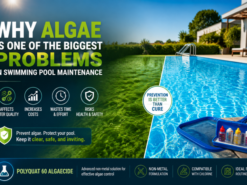 Swimming pool algae problem comparison showing green algae-contaminated water versus a clean blue swimming pool, highlighting the importance of algae prevention and maintenance. The image features pool testing tools and Polyquat 60 Algaecide as a non-metal algae control solution compatible with chlorine-based pool systems.