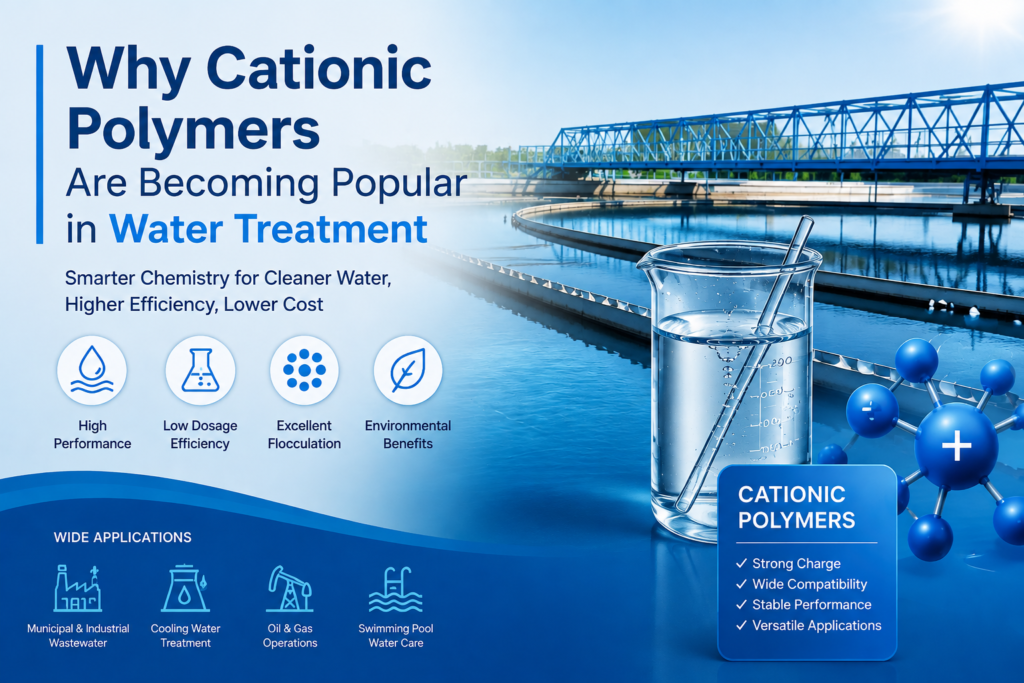 Cationic polymers water treatment banner showing a modern wastewater treatment facility, laboratory beaker, and molecular structure illustration. The image highlights the benefits of cationic polymers including high performance, low dosage efficiency, excellent flocculation, and environmental advantages, with applications in municipal wastewater, industrial water treatment, cooling water systems, oil and gas operations, and swimming pool water care