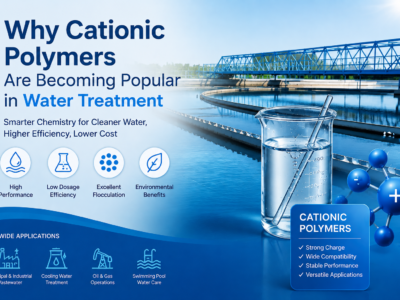 Cationic polymers water treatment banner showing a modern wastewater treatment facility, laboratory beaker, and molecular structure illustration. The image highlights the benefits of cationic polymers including high performance, low dosage efficiency, excellent flocculation, and environmental advantages, with applications in municipal wastewater, industrial water treatment, cooling water systems, oil and gas operations, and swimming pool water care