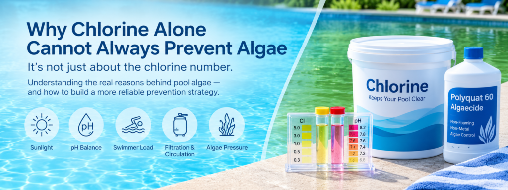 Swimming pool showing clear and algae-affected water, with chlorine, Polyquat 60 algaecide, and a water test kit illustrating why chlorine alone may not always prevent pool algae