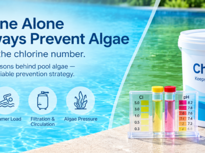 Swimming pool showing clear and algae-affected water, with chlorine, Polyquat 60 algaecide, and a water test kit illustrating why chlorine alone may not always prevent pool algae