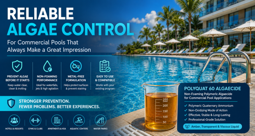 Commercial swimming pool with clear blue water and a beaker of amber, transparent, viscous Polyquat 60 algaecide, highlighting reliable, non-foaming and metal-free algae control for hotels, resorts, gyms and aquatic facilities.