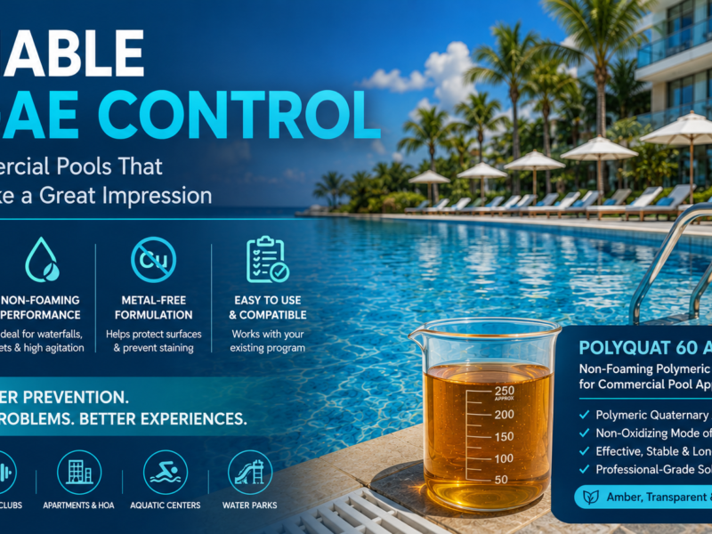 Commercial swimming pool with clear blue water and a beaker of amber, transparent, viscous Polyquat 60 algaecide, highlighting reliable, non-foaming and metal-free algae control for hotels, resorts, gyms and aquatic facilities.