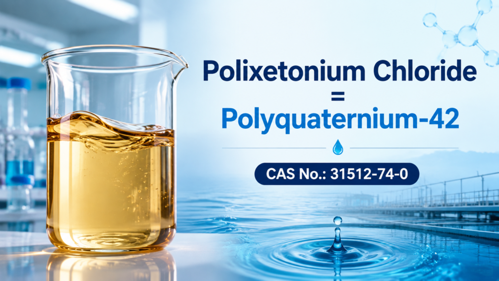 Polixetonium Chloride and Polyquaternium-42 identification banner featuring a laboratory beaker filled with amber transparent viscous liquid, CAS No. 31512-74-0, and water treatment background illustrating cationic polymer chemistry