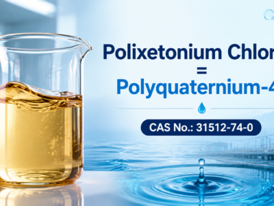 Polixetonium Chloride and Polyquaternium-42 identification banner featuring a laboratory beaker filled with amber transparent viscous liquid, CAS No. 31512-74-0, and water treatment background illustrating cationic polymer chemistry