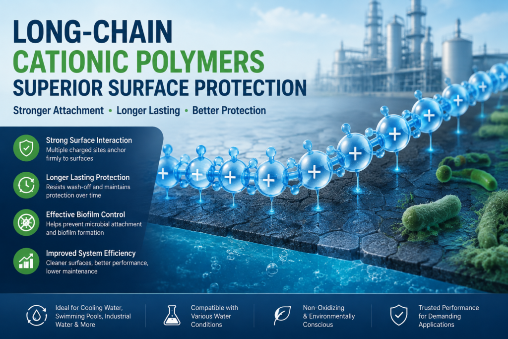 Long-chain cationic polymers providing superior surface protection through strong molecular attachment on industrial surfaces, illustrating polymer chains with positive charges, microbial control, and applications in cooling water, swimming pools, and industrial water treatment systems