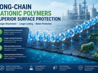 Long-chain cationic polymers providing superior surface protection through strong molecular attachment on industrial surfaces, illustrating polymer chains with positive charges, microbial control, and applications in cooling water, swimming pools, and industrial water treatment systems