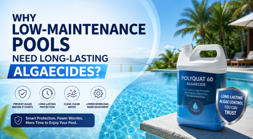 Low-maintenance swimming pool with Polyquat 60 algaecide, illustrating long-lasting, non-foaming algae control for clear pool water.