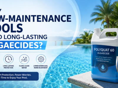 Low-maintenance swimming pool with Polyquat 60 algaecide, illustrating long-lasting, non-foaming algae control for clear pool water.
