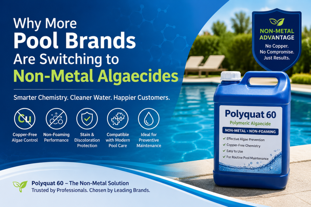 Why more pool brands are switching to non-metal algaecides, featuring Polyquat 60 as a copper-free, non-foaming polymeric algaecide for preventive swimming pool maintenance.