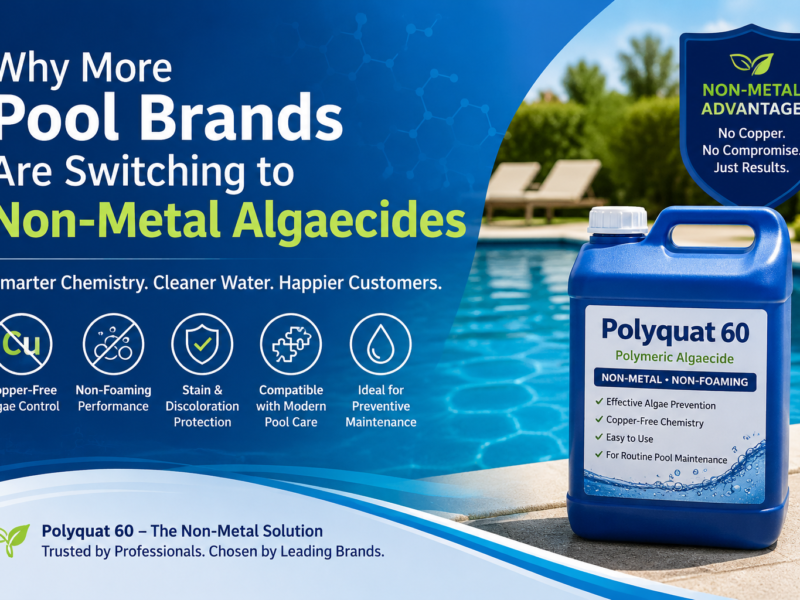 Why more pool brands are switching to non-metal algaecides, featuring Polyquat 60 as a copper-free, non-foaming polymeric algaecide for preventive swimming pool maintenance.