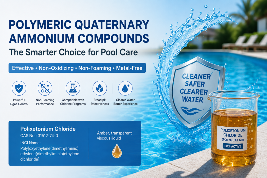 Polymeric quaternary ammonium compounds for pool care, featuring Polixetonium Chloride (Polyquat 60) as an amber, transparent, viscous liquid with non-oxidizing, non-foaming, metal-free algae control benefits