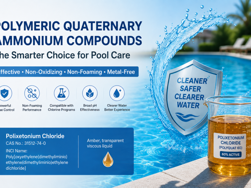 Polymeric quaternary ammonium compounds for pool care, featuring Polixetonium Chloride (Polyquat 60) as an amber, transparent, viscous liquid with non-oxidizing, non-foaming, metal-free algae control benefits