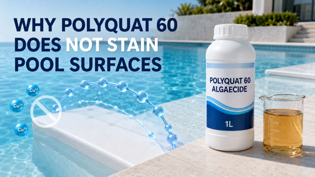 Hero banner showing a clean, stain-free swimming pool surface, blue Cu²⁺ ions with a prohibition symbol, and a 1L bottle of Polyquat 60 algaecide beside a beaker of clear amber liquid, illustrating non-metal algae control without copper staining