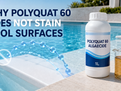 Hero banner showing a clean, stain-free swimming pool surface, blue Cu²⁺ ions with a prohibition symbol, and a 1L bottle of Polyquat 60 algaecide beside a beaker of clear amber liquid, illustrating non-metal algae control without copper staining