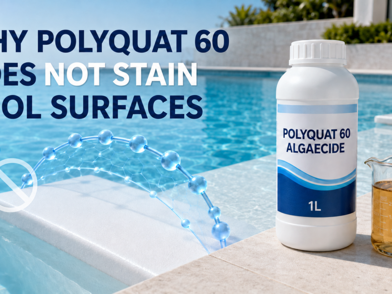Hero banner showing a clean, stain-free swimming pool surface, blue Cu²⁺ ions with a prohibition symbol, and a 1L bottle of Polyquat 60 algaecide beside a beaker of clear amber liquid, illustrating non-metal algae control without copper staining