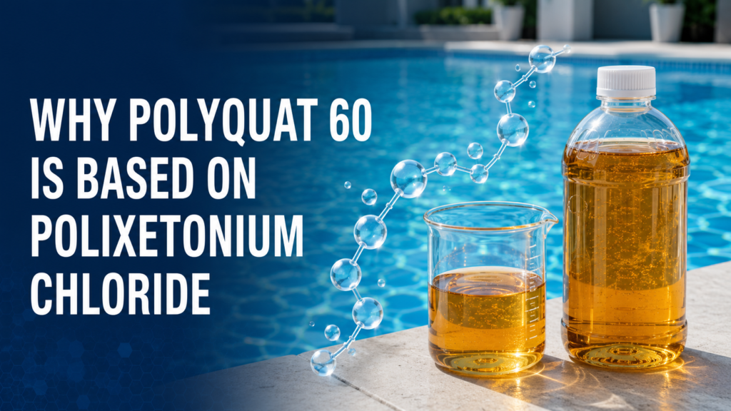 Polyquat 60 hero banner showing a capped transparent bottle and laboratory beaker filled with amber, clear, viscous Polixetonium Chloride beside a blue swimming pool.