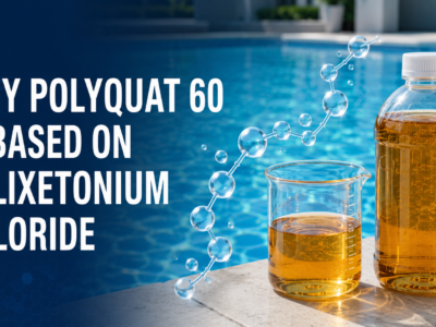 Polyquat 60 hero banner showing a capped transparent bottle and laboratory beaker filled with amber, clear, viscous Polixetonium Chloride beside a blue swimming pool.