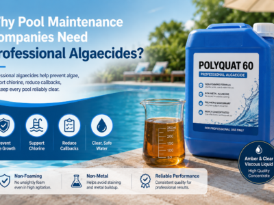 Professional Polyquat 60 algaecide for pool maintenance, shown as an amber, clear, viscous liquid beside a swimming pool, highlighting non-foaming, non-metal algae control.