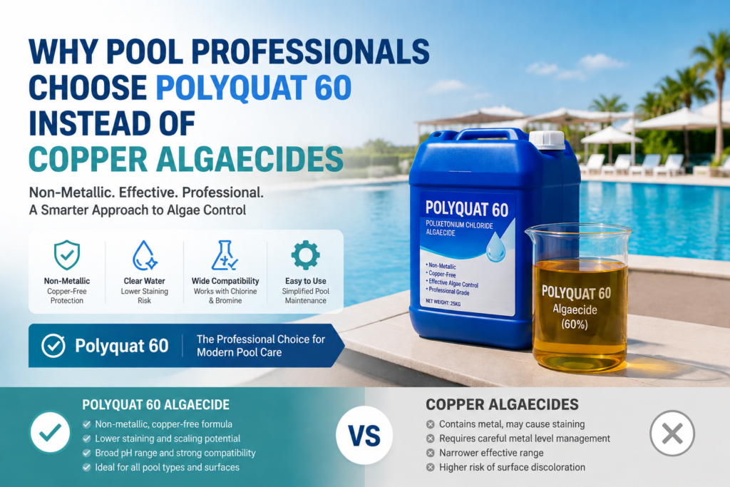 Professional pool maintenance comparison banner showing Polyquat 60 algaecide as a non-metallic alternative to copper algaecides, featuring a blue Polyquat 60 container and amber liquid sample beside a clear swimming pool. The image highlights copper-free algae control, lower staining risk, broad compatibility with chlorine and bromine, and easier pool maintenance for professional applications.