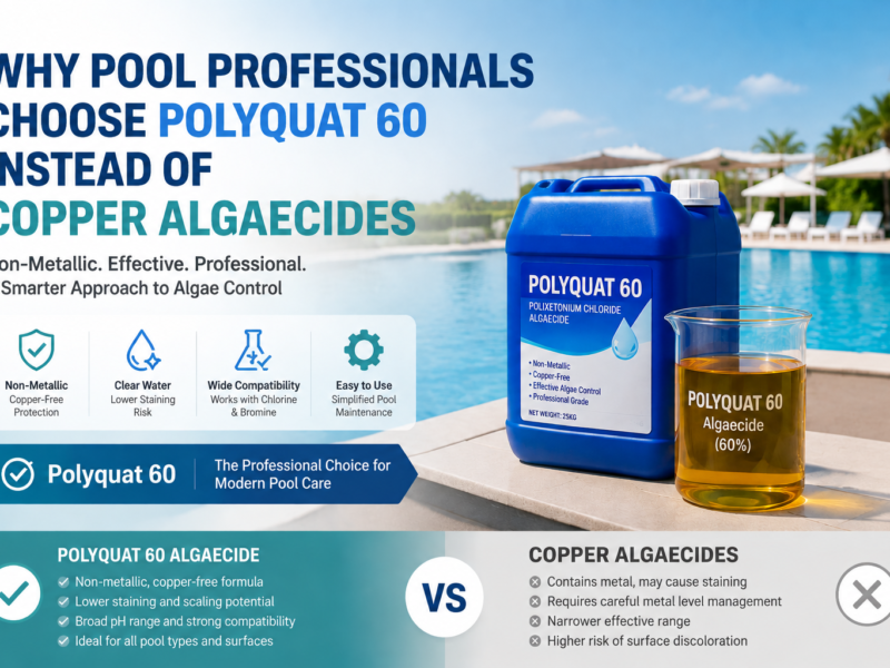 Professional pool maintenance comparison banner showing Polyquat 60 algaecide as a non-metallic alternative to copper algaecides, featuring a blue Polyquat 60 container and amber liquid sample beside a clear swimming pool. The image highlights copper-free algae control, lower staining risk, broad compatibility with chlorine and bromine, and easier pool maintenance for professional applications.