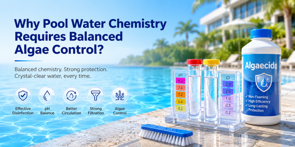 Balanced pool water chemistry with pH and chlorine testing kit, non-foaming algaecide, and clear swimming pool illustrating effective algae control.