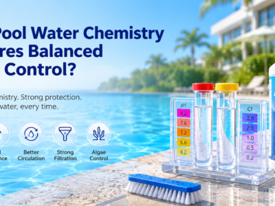 Balanced pool water chemistry with pH and chlorine testing kit, non-foaming algaecide, and clear swimming pool illustrating effective algae control.