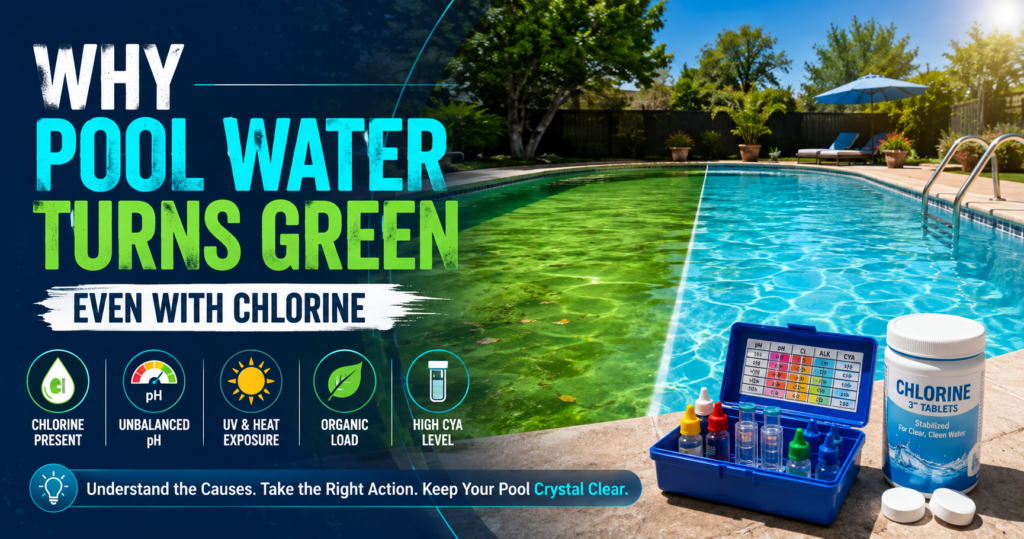 Green swimming pool water beside clear blue water, illustrating why a pool can turn green even when chlorine is present, including pH imbalance, high CYA, heat, sunlight, and organic contamination