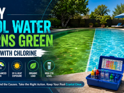Green swimming pool water beside clear blue water, illustrating why a pool can turn green even when chlorine is present, including pH imbalance, high CYA, heat, sunlight, and organic contamination