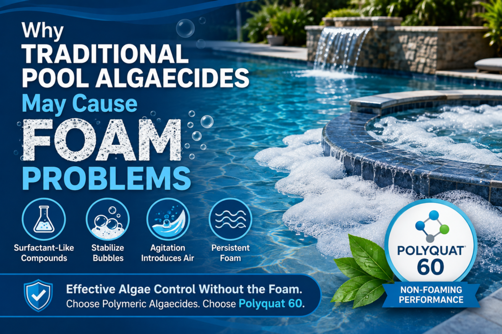 Traditional pool algaecides causing foam in swimming pool water, illustrating how surfactant-like compounds, air agitation, and stabilized bubbles create persistent foam compared with non-foaming Polyquat 60 algaecide.