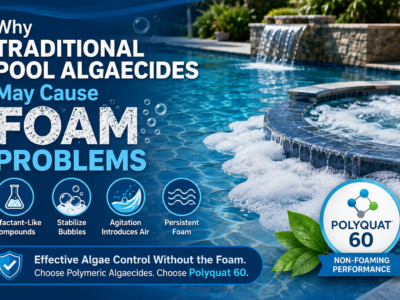 Traditional pool algaecides causing foam in swimming pool water, illustrating how surfactant-like compounds, air agitation, and stabilized bubbles create persistent foam compared with non-foaming Polyquat 60 algaecide.