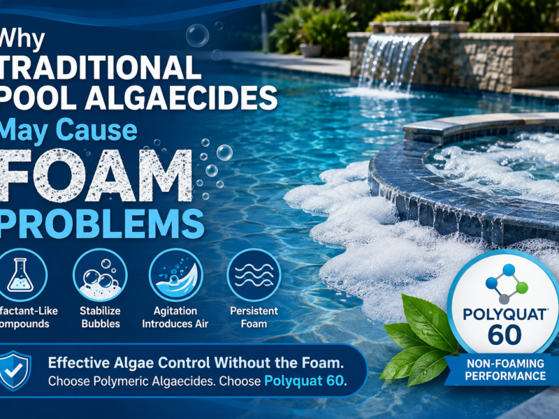 Traditional pool algaecides causing foam in swimming pool water, illustrating how surfactant-like compounds, air agitation, and stabilized bubbles create persistent foam compared with non-foaming Polyquat 60 algaecide.