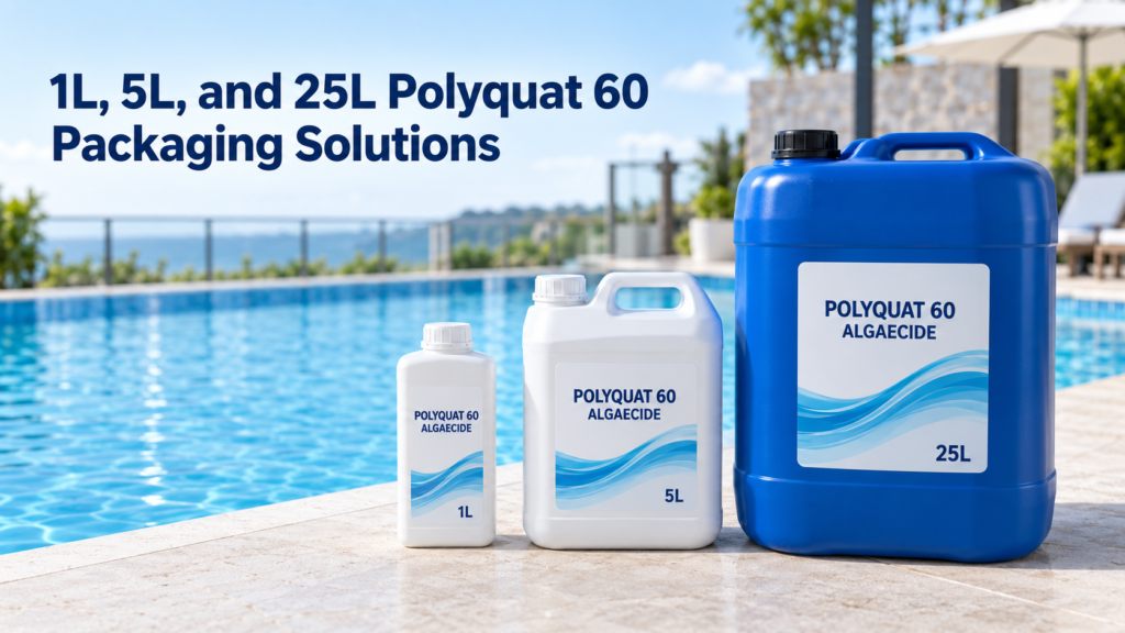 1L white bottle, 5L white jerrycan, and 25L blue jerrycan for Polyquat 60 algaecide packaging beside a commercial swimming pool