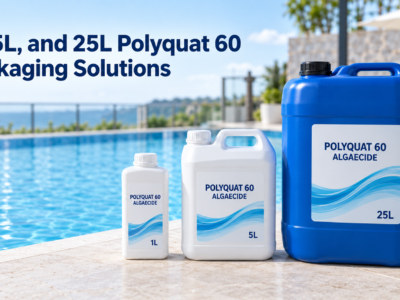 1L white bottle, 5L white jerrycan, and 25L blue jerrycan for Polyquat 60 algaecide packaging beside a commercial swimming pool