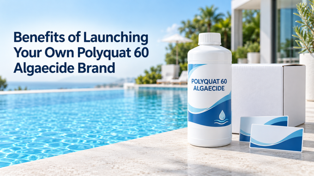 Polyquat 60 algaecide private-label bottle and custom packaging beside a clear swimming pool, illustrating the benefits of launching your own pool chemical brand.